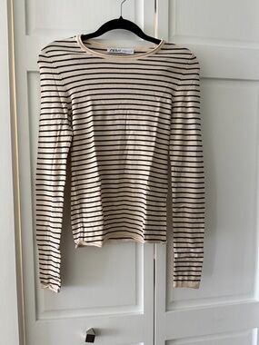 Zara Ribbed Knit Striped Long Sleeve Top Size S Beige Black Breton Style